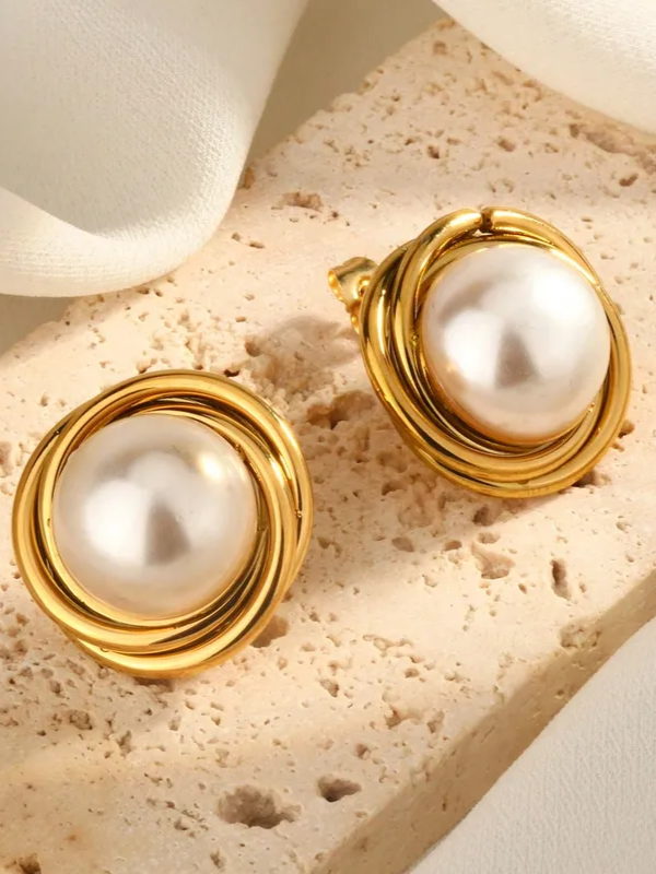 Pair of big pearl drop earrings �? 18k gold-plated bold statement pearl drops for bridal and evening looks.