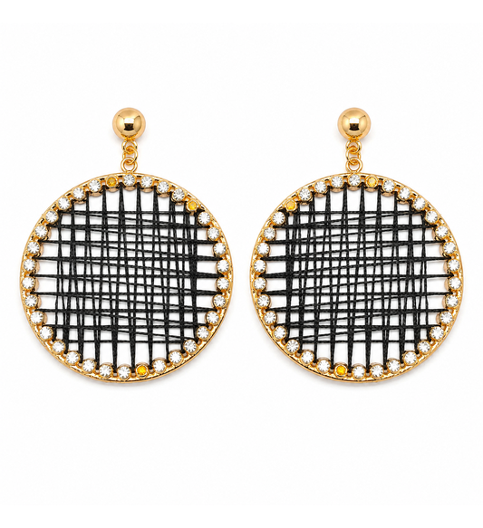 Black thread round drop earrings pair on white background