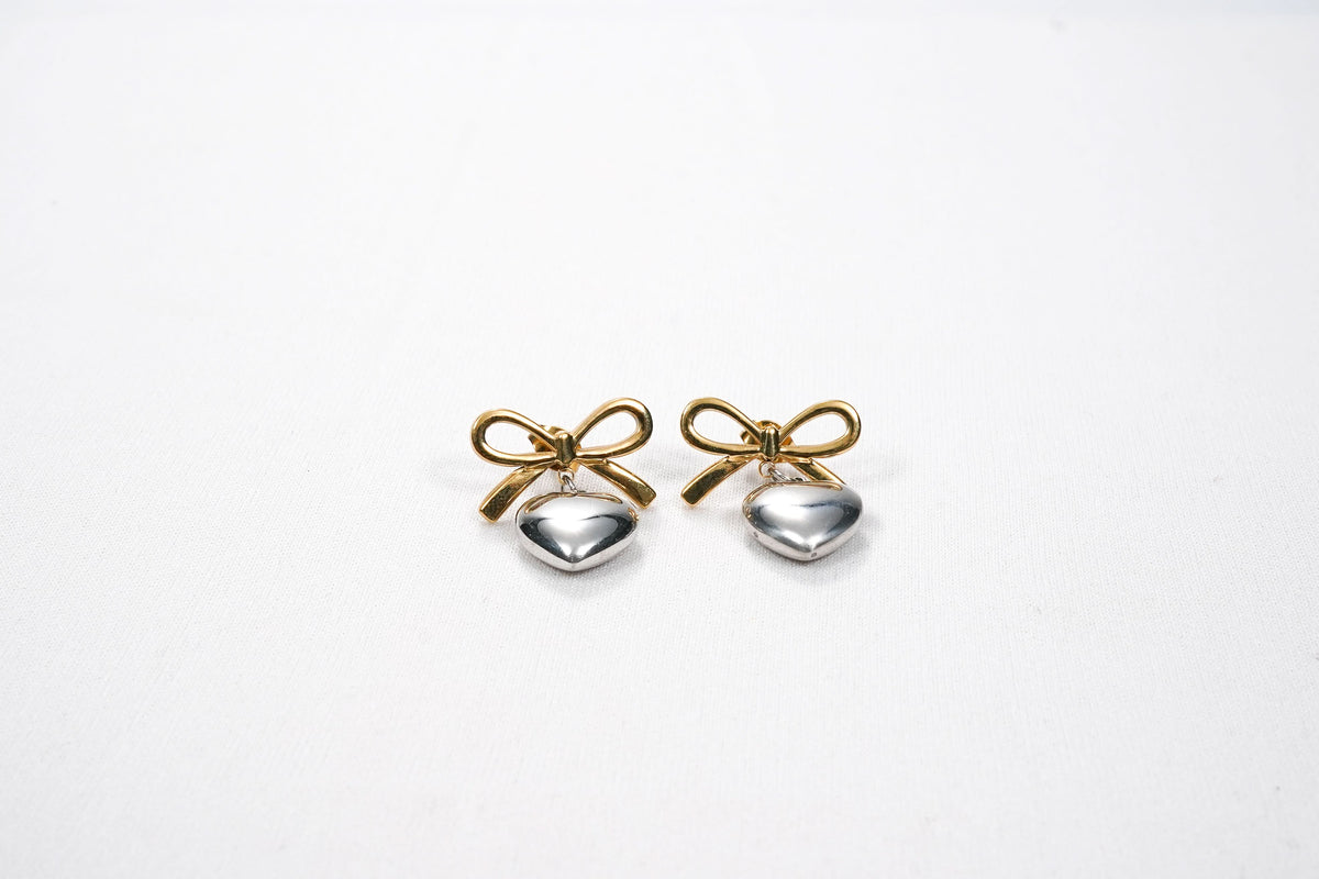 Platinum Plated Bow Silver-Tone Heart Drop Earrings for Women