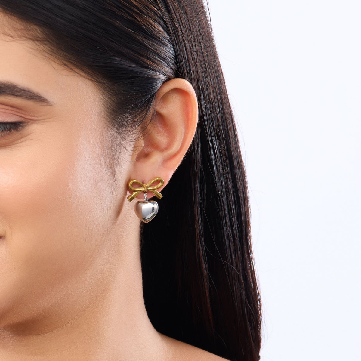 Platinum Plated Bow Silver-Tone Heart Drop Earrings for Women