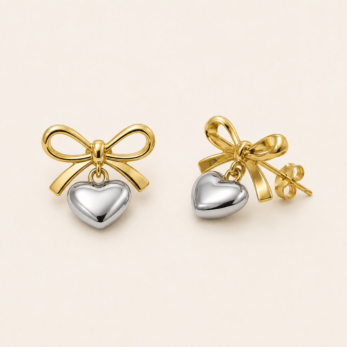 Bow Puffed Heart Drop Earrings - gold plated bow and puffed heart drop earrings for women - view 2