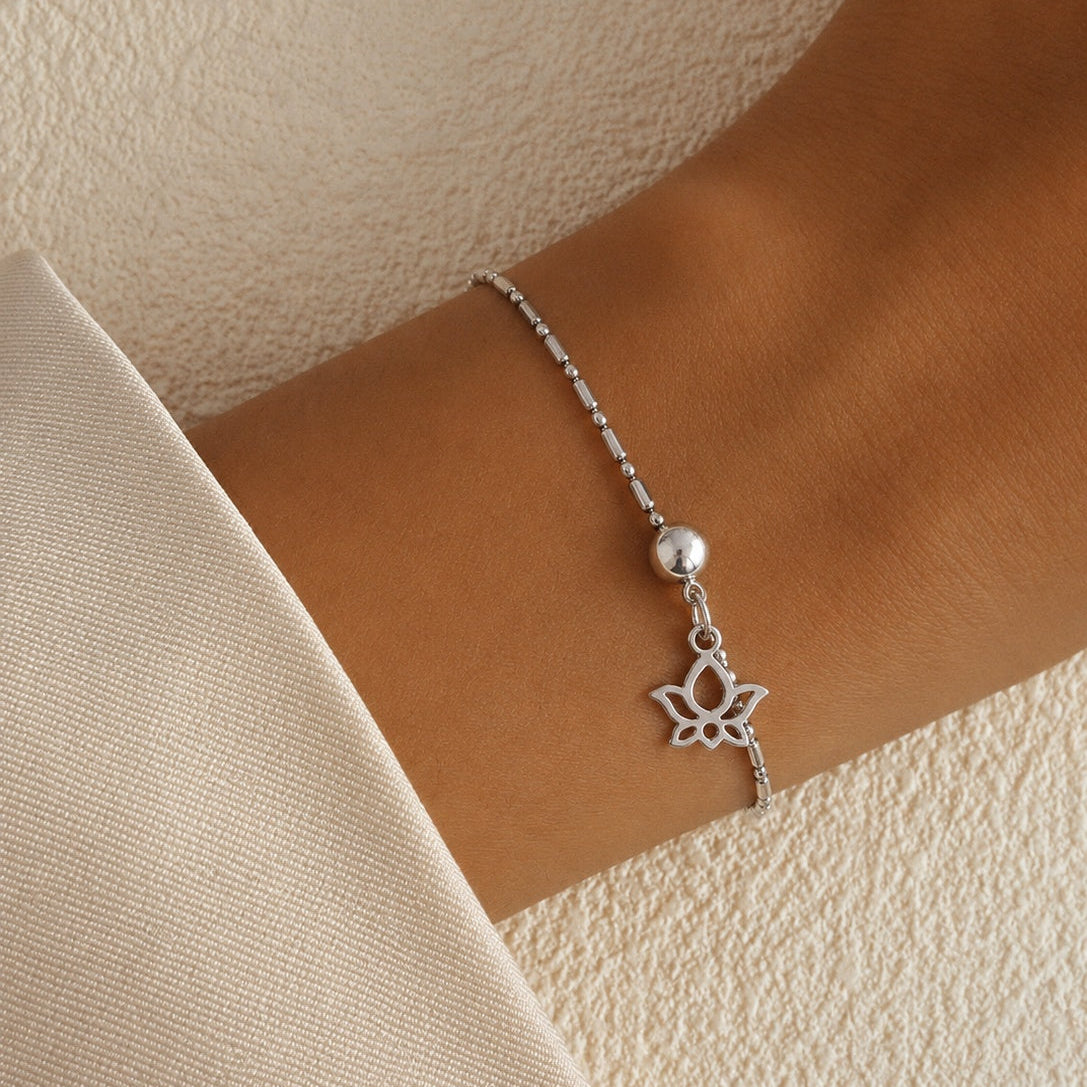 925 Sterling Silver Bead Chain With Flower Pendant Bracelet for Women and Girls