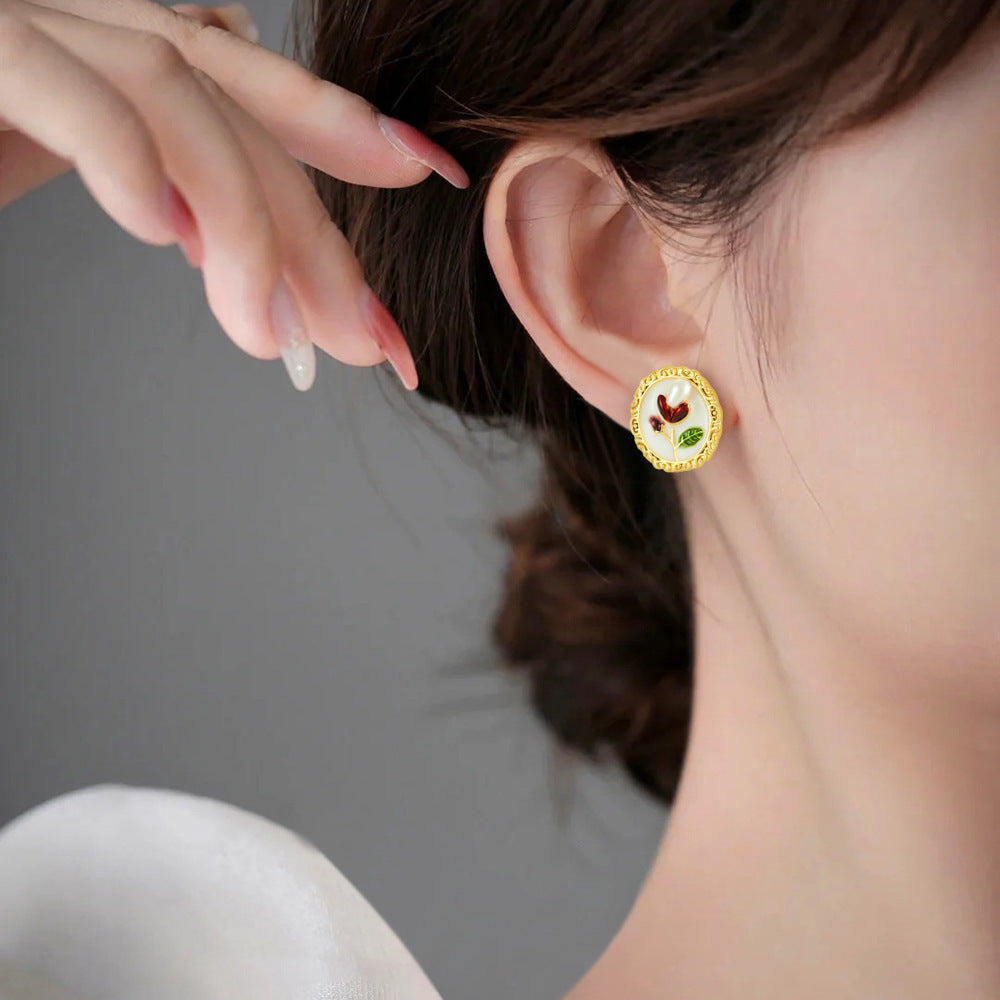 vintage-floral-enamel-stud-earrings-for-women-gold-tone-oval-frame-with-hand-painted-flower-design-elegant-everyday-jewelry