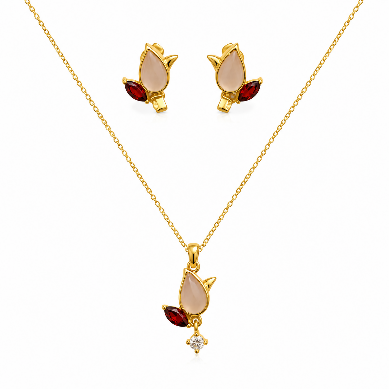 Blushing Tulip Rose Quartz & Garnet Gold Plated 925 Sterling Silver Jewellery Set
