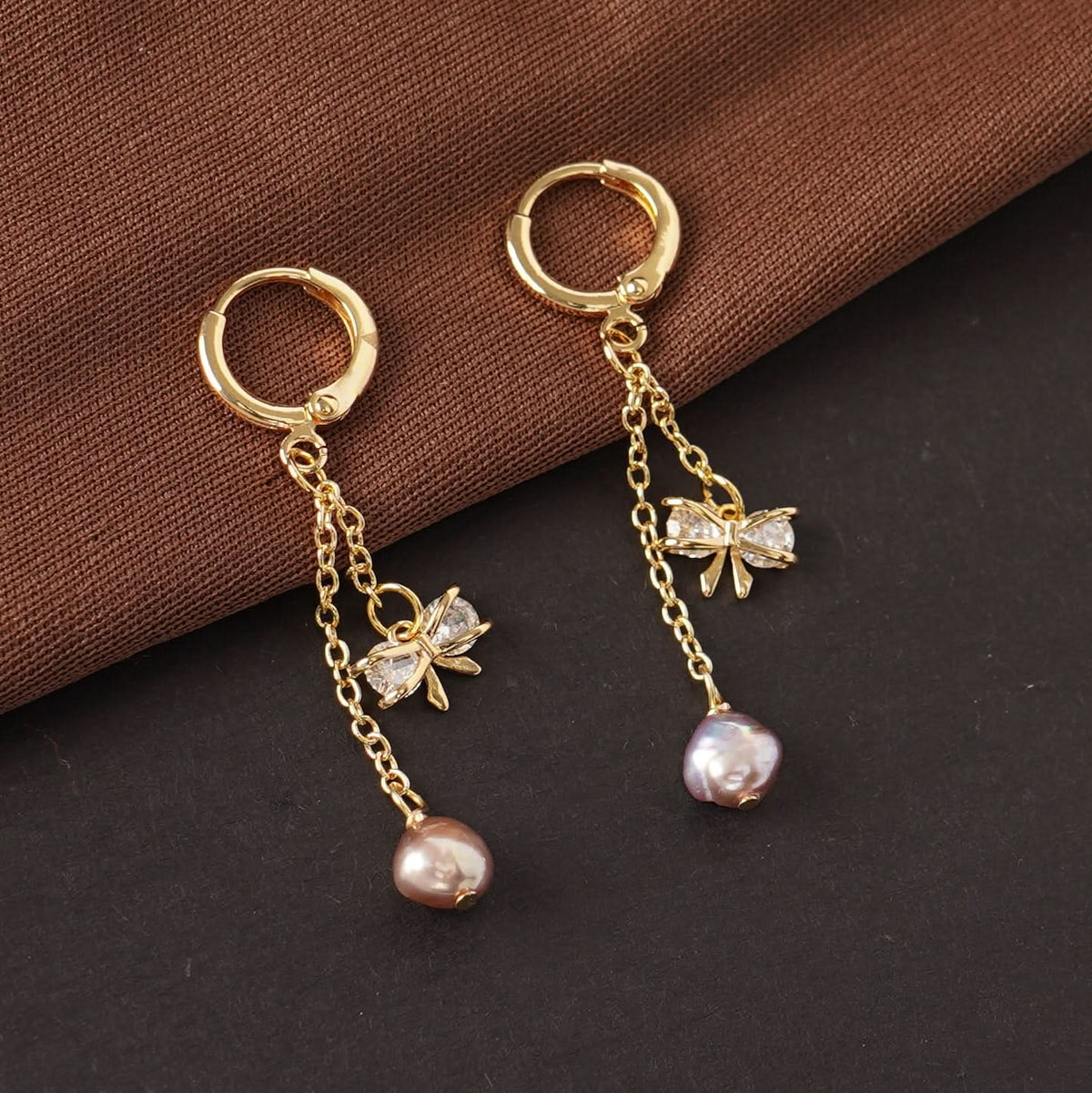 Celestia Pearl Bow Chain Drop Hoop Earrings