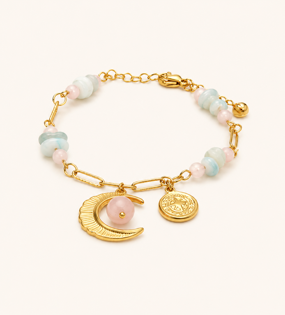 Celestial Quartz Crescent Moon Star Charm Bracelet