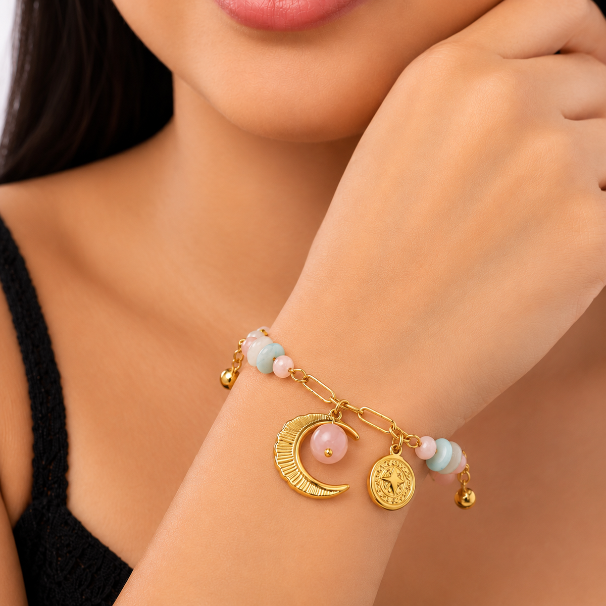 Celestial Quartz Crescent Moon Star Charm Bracelet - boho quartz beaded moon star charm bracelet for women