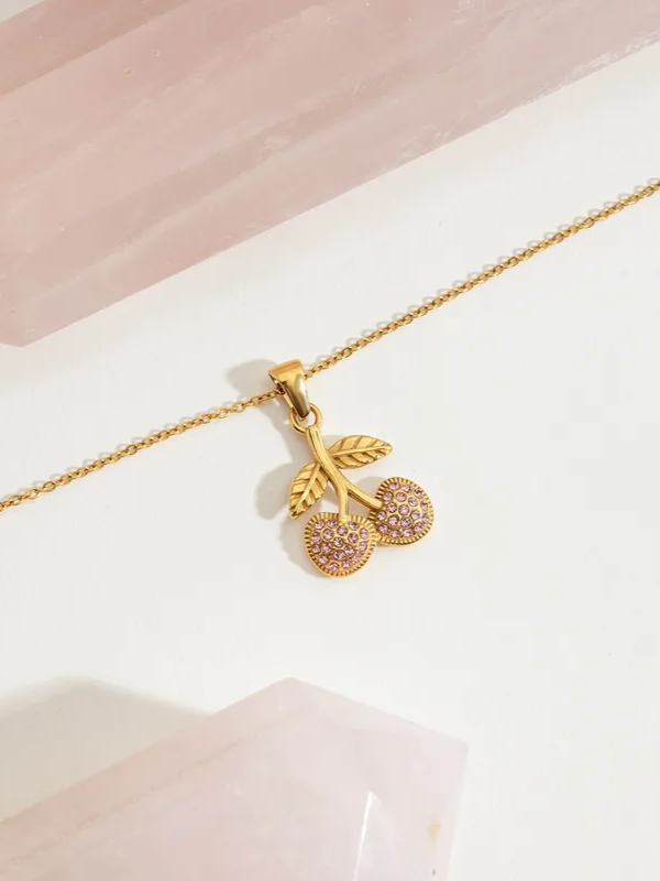 18k gold-plated cherry pink pendant necklace �? playful cherry charm pink pendant, anti-tarnish and waterproof for everyday, casual and gifting.