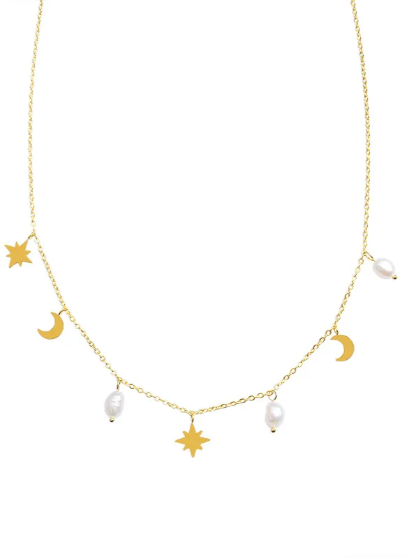 Styled view of pearl choker �? 18k gold-plated chic pearl necklace for evening and gifting.