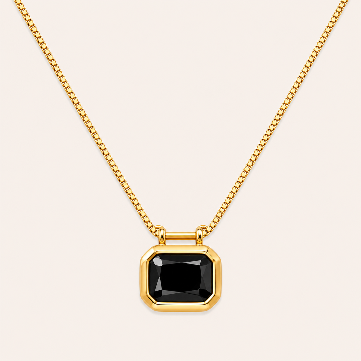 Classic square stone pendant gold chain necklace available in black, pink, and green stone variants-3