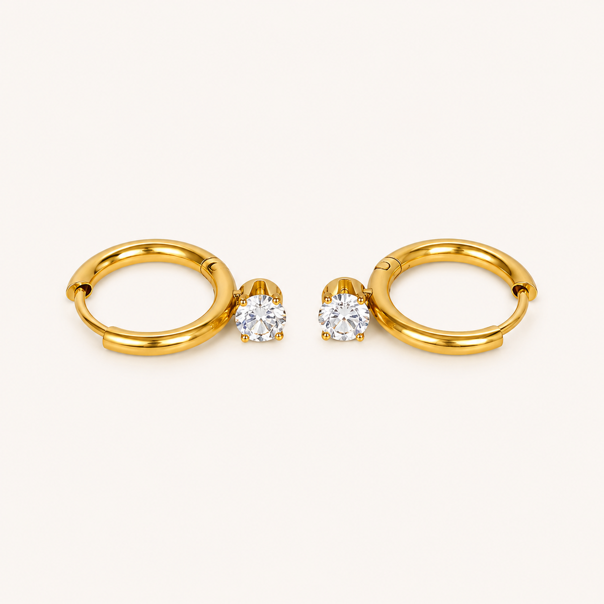 Crystal Solitaire Hoop Earrings – dainty gold plated hoops with single CZ solitaire for women