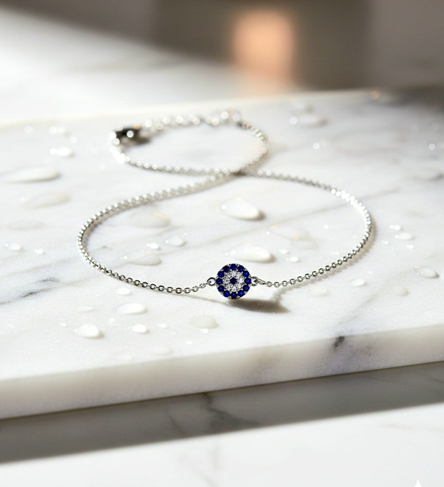 cz evil eye protection charm silver anklet