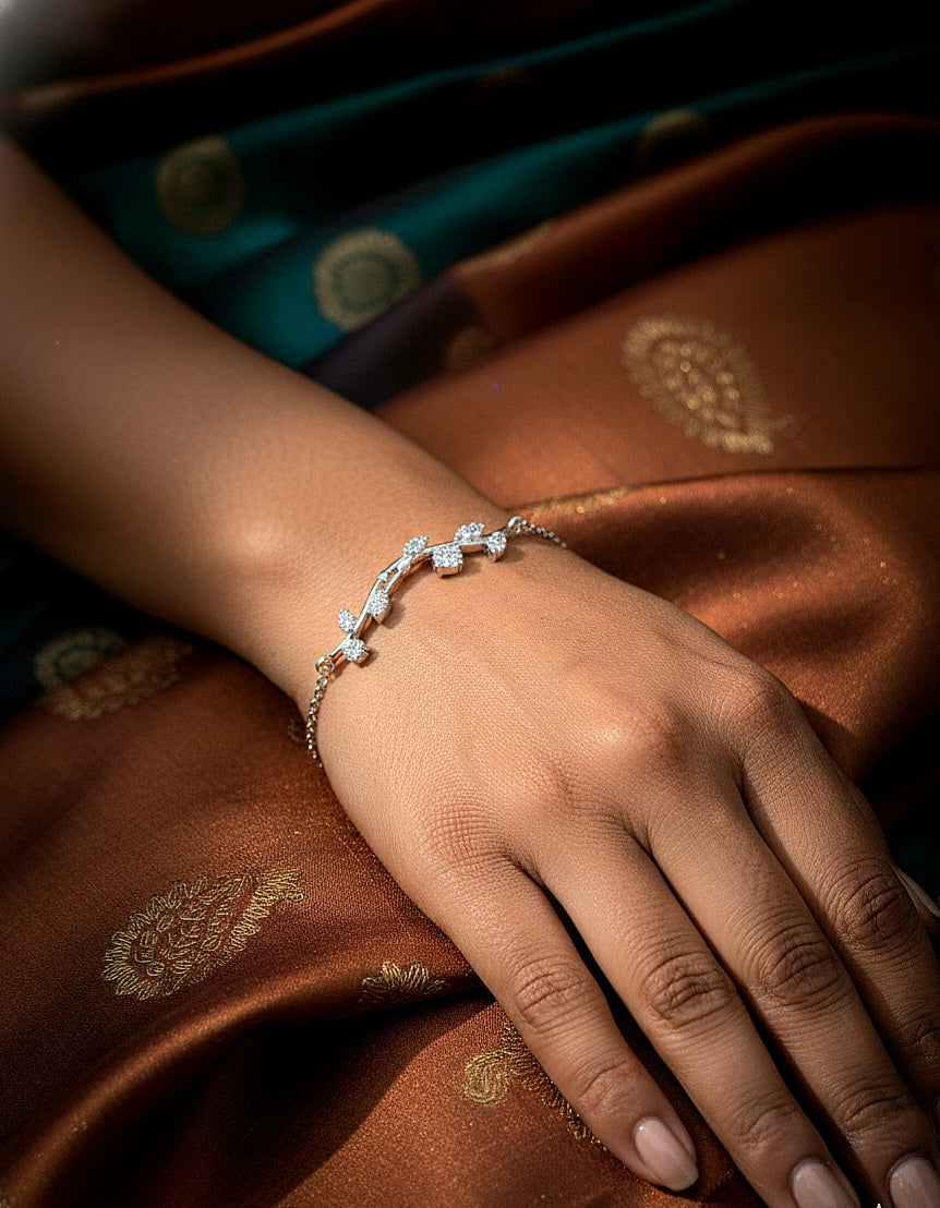 cz leaf branch chain motif silver bracelet
