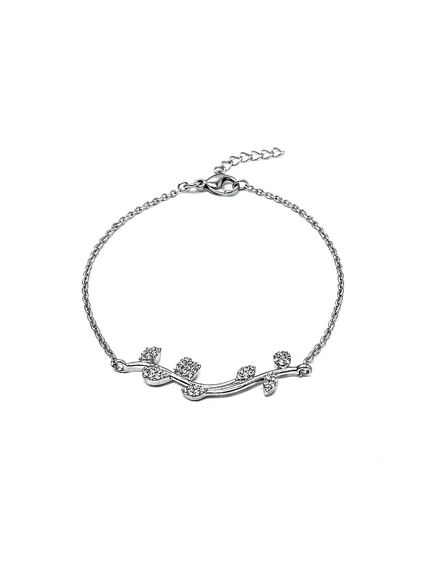 cz leaf branch chain motif silver bracelet
