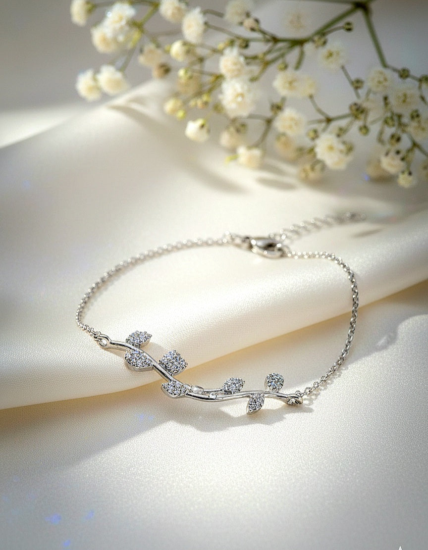 cz leaf branch chain motif silver bracelet