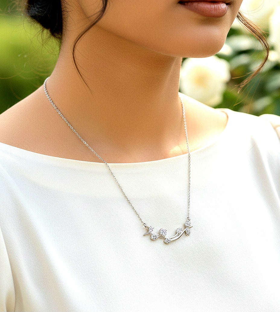 cz leaf branch chain motif pendant necklace