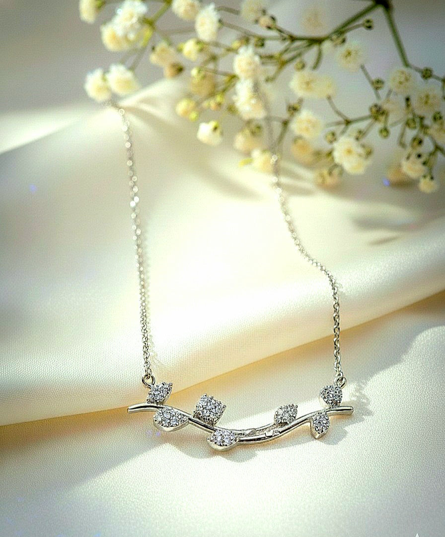 cz leaf branch chain motif pendant necklace