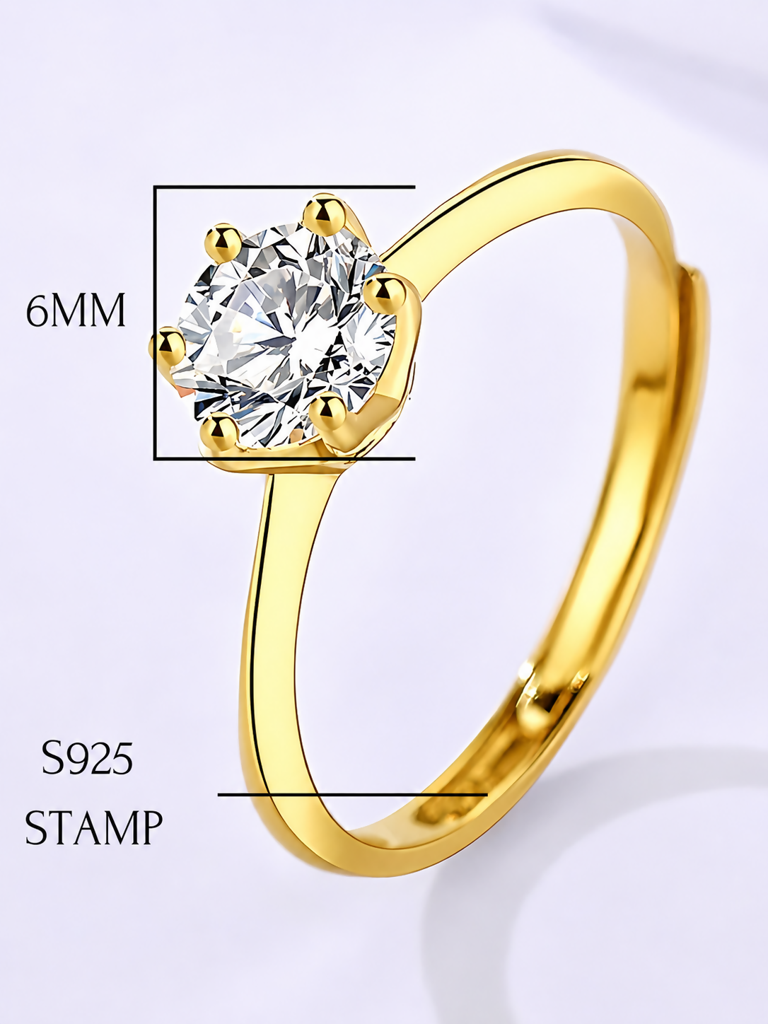 925 Sterling Silver Gold Plated Solitaire Ring,Adjustable I Gifts For Women And Girls