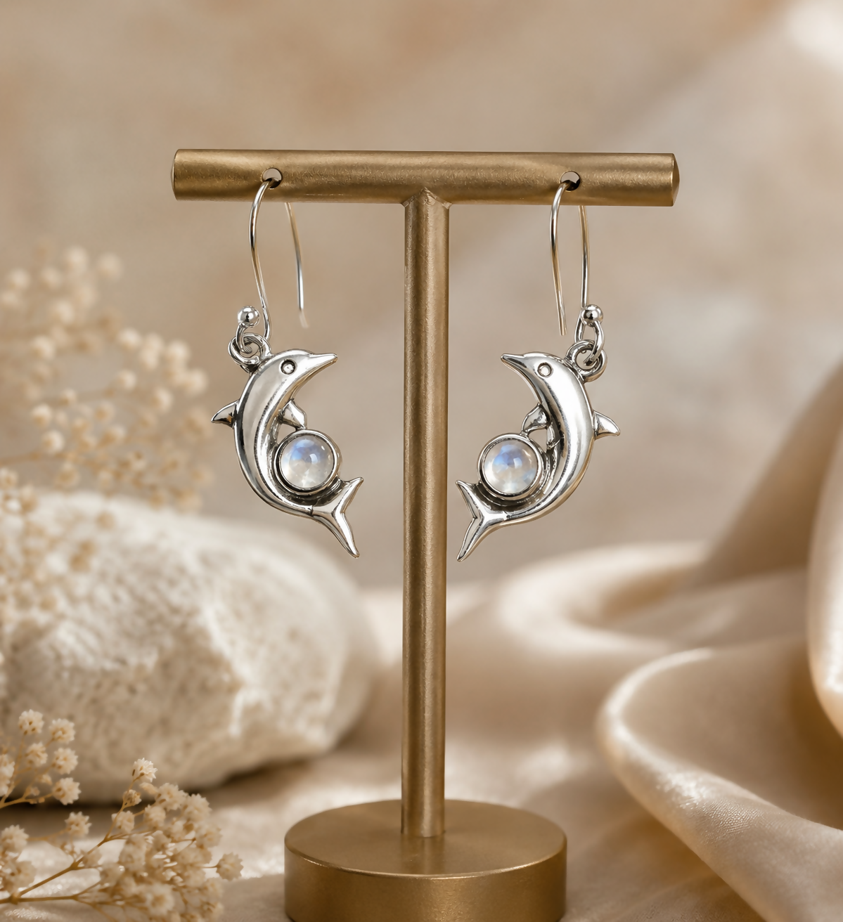 Natural Rainbow Moonstone Earrings | 925 Sterling Silver | Dolphin Drop Earrings