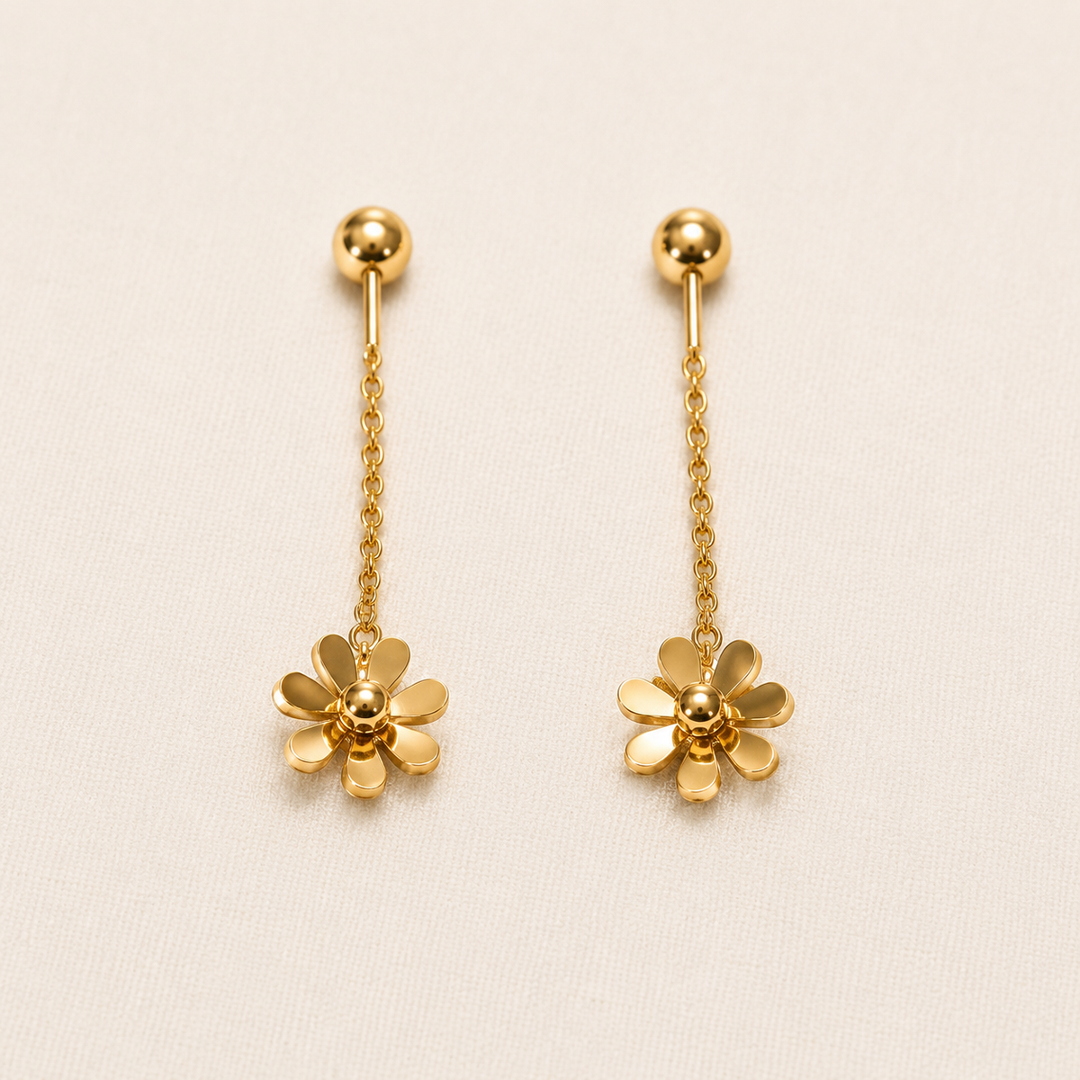 Daisy Chain Drop Earrings – floral daisy motif drop earrings on fine gold chain for women