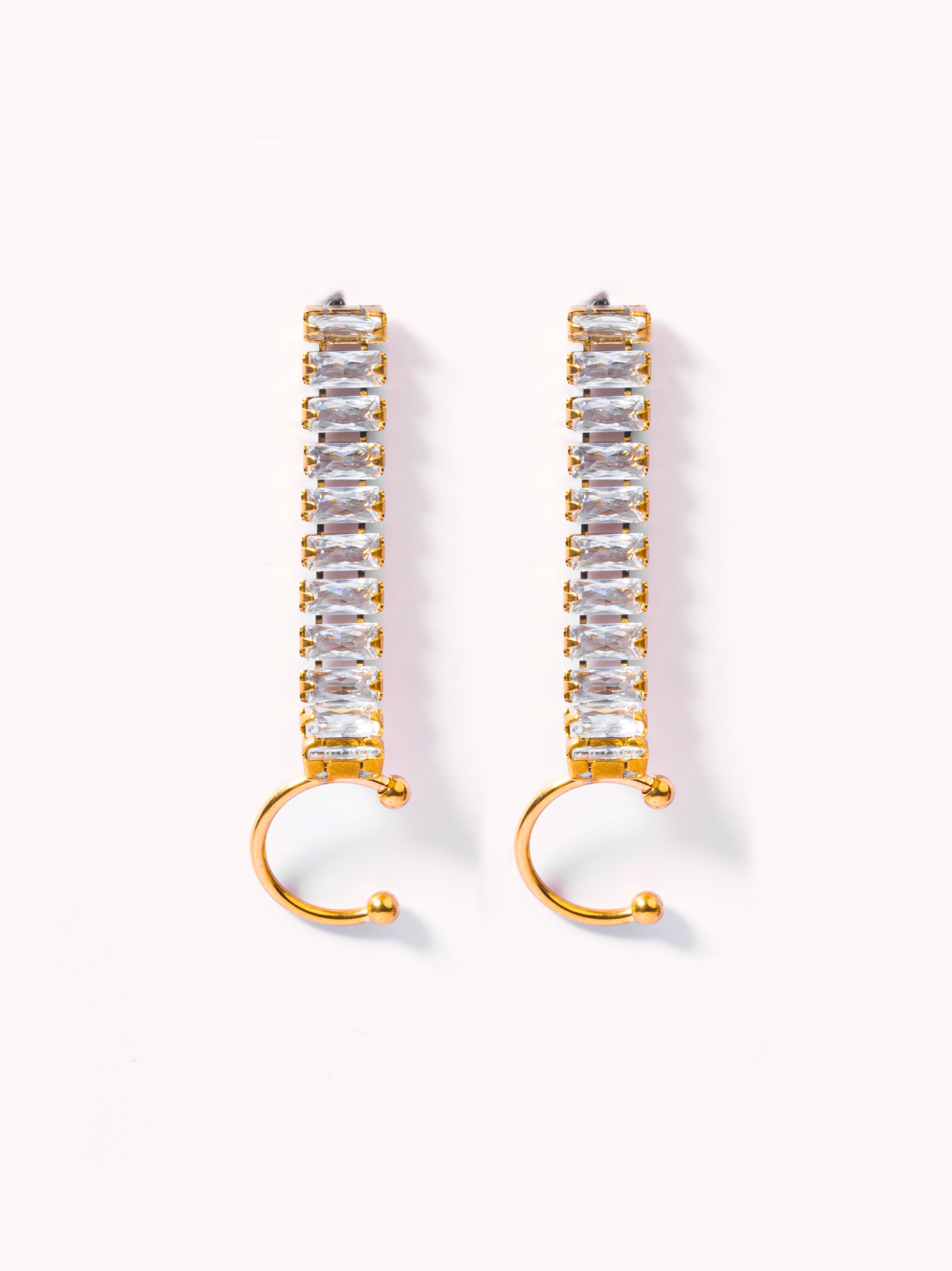 Pair of diamond cuff drop earrings �? 18k gold-plated bold attached-cuff white-stone statement drops for evening and gifting.