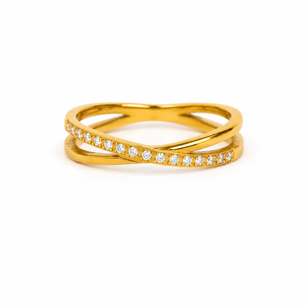 Double Cross Crystal Path Ring – intersecting pavé crystal double-cross band ring in 18K gold plated finish