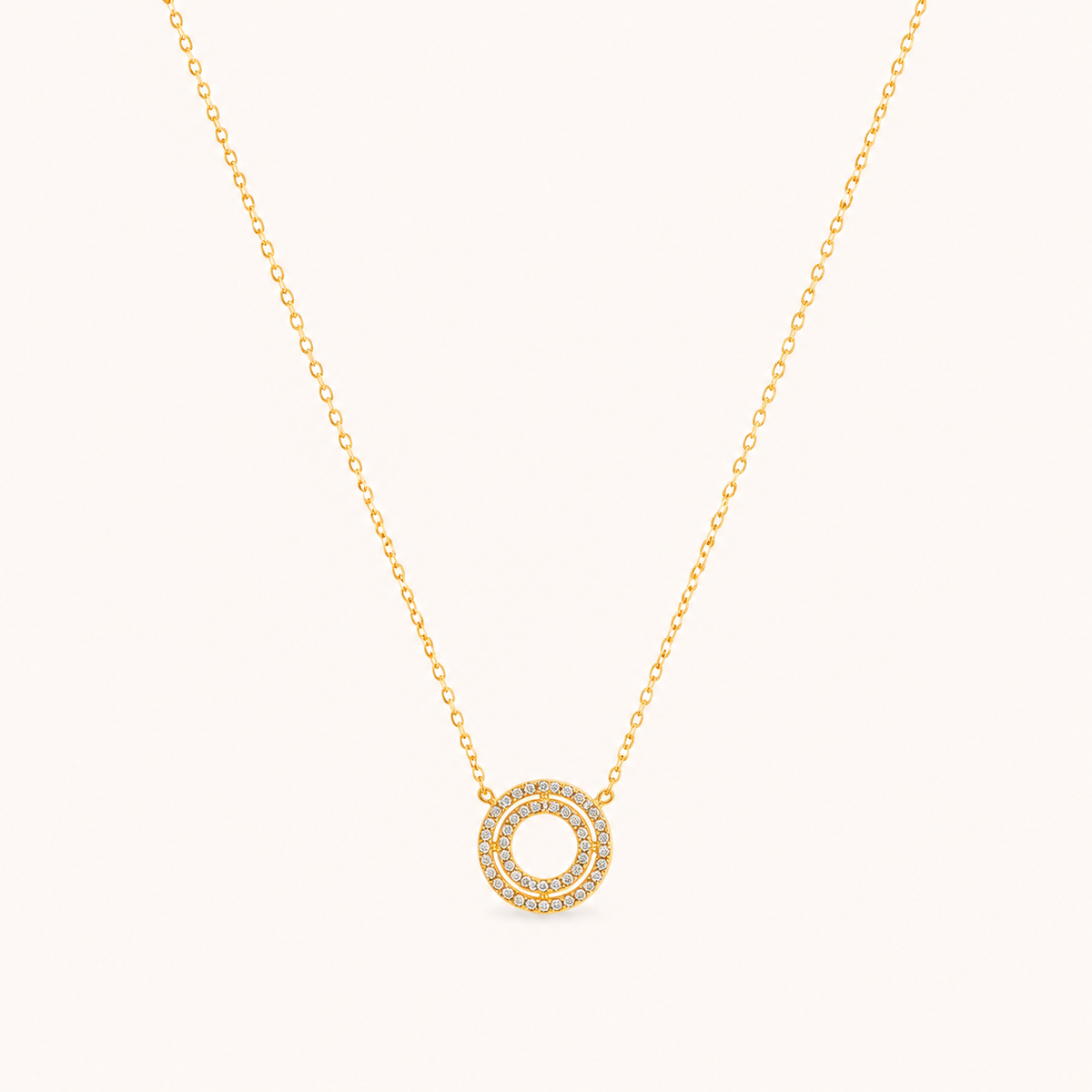 Double Ring Circle Luxury Gold Necklace – interlocking ring circle pendant necklace in 18K gold plated finish