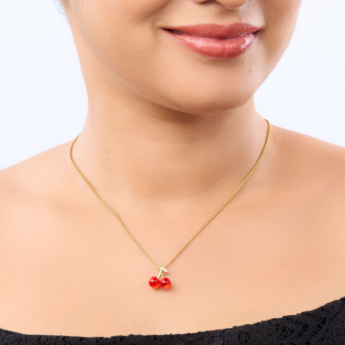 Dual Red Cherry Pendant Gold Necklace