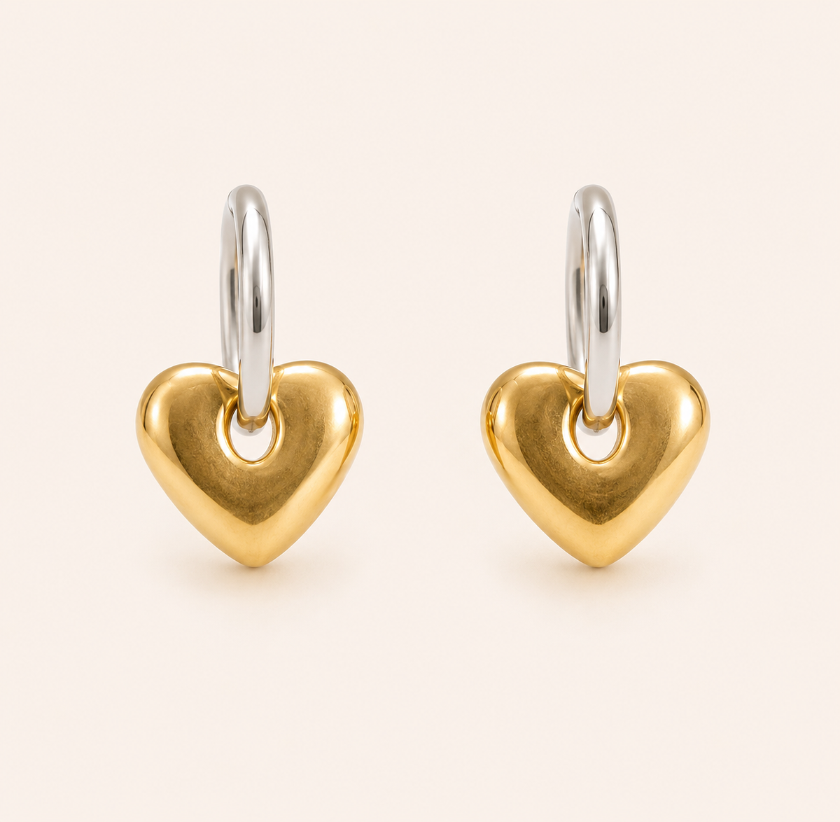 Dual-Tone Sculpted Heart Stud Earrings – 3D sculpted heart stud earrings in dual gold silver-tone finish for women