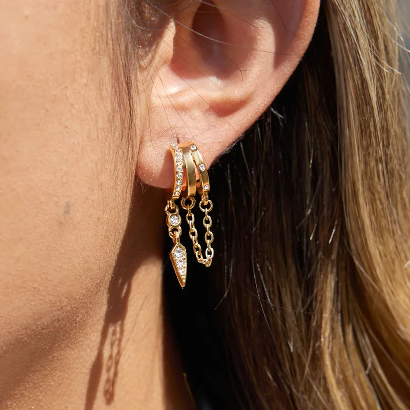 18k gold-plated dual stone drop earrings �? elegant dual-stone drops, anti-tarnish and waterproof for evening, festive and party wear.