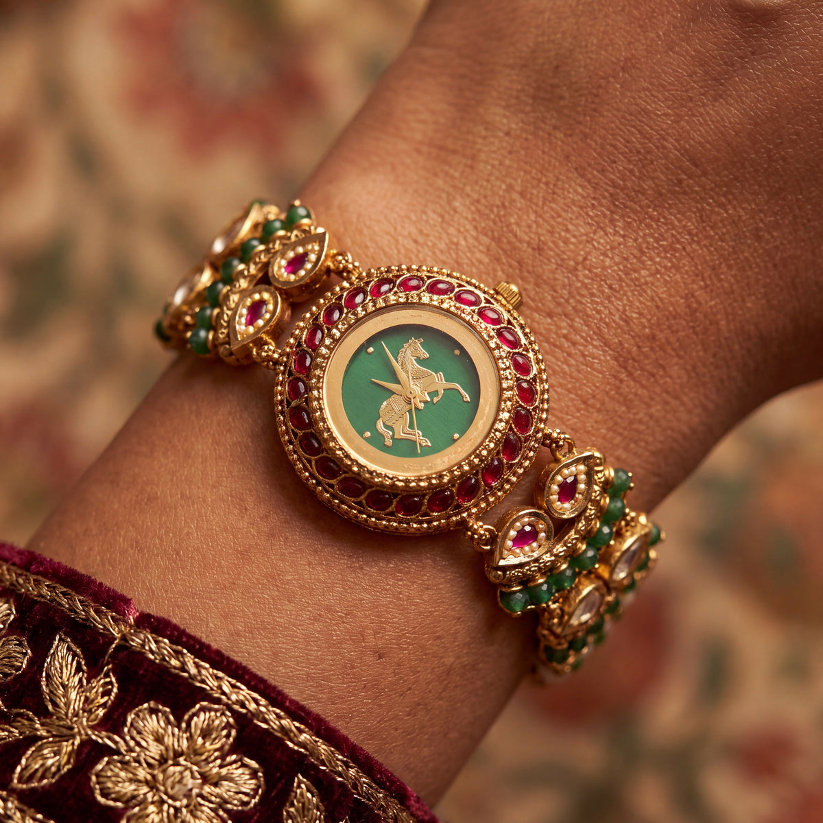Antique Gold Green Dial Horse Motif Ruby Bezel Bracelet Watch for Women & Girls | Stylish Watch | Wrist Watches for Girls | Ideal for gifting | Gift for Diwali, Christmas, Marriage, Birthday, anniversary, wedding