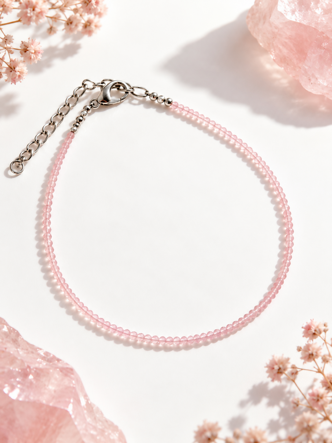 Natural Rose Quartz 2mm Faceted Beaded Anklet