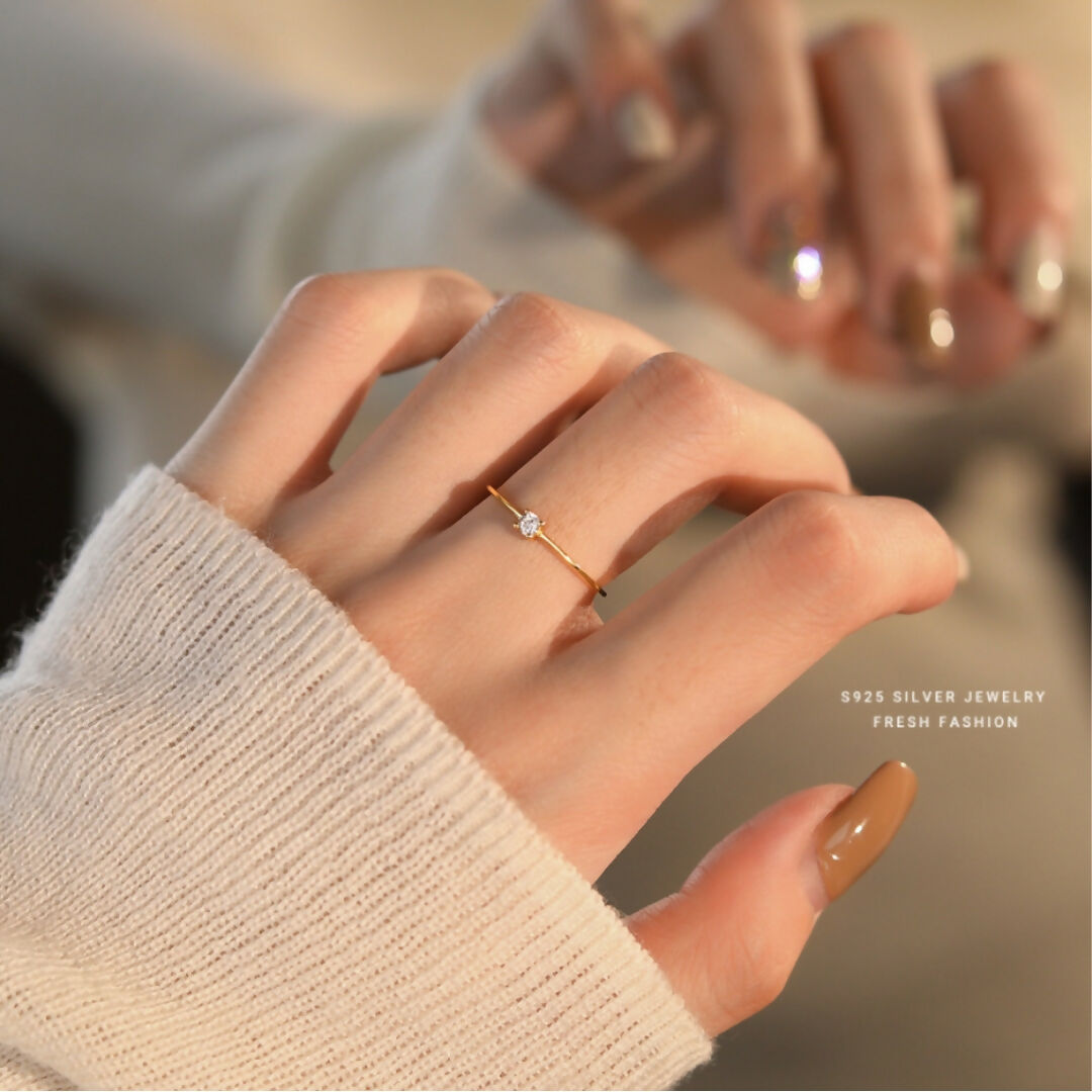 925 Sterling Silver Gold Plated Dainty Solitaire Ring I Adjustable Silver Rings For Women & Girls (Adjustable)