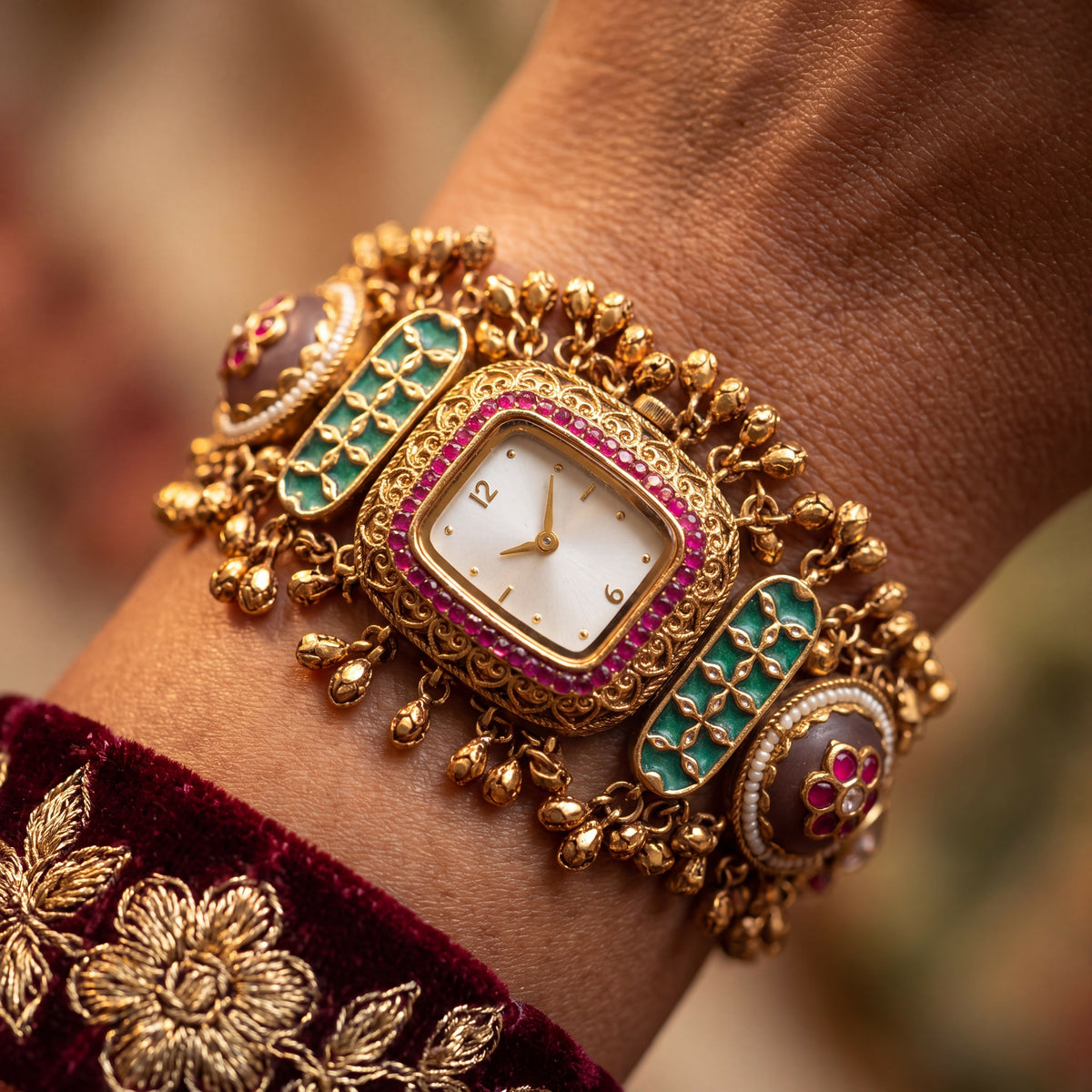 Antique Gold White Dial Ruby Bezel Emerald Bar Ghungroo Bracelet Watch for Women & Girls | Stylish Watch | Wrist Watches for Girls | Ideal for gifting | Gift for Diwali, Christmas, Marriage, Birthday, anniversary, wedding