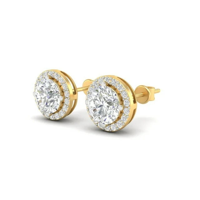 2.94Ct Round Cut Moissanite Halo Stud Earrings 14K Gold Plated Screw Back