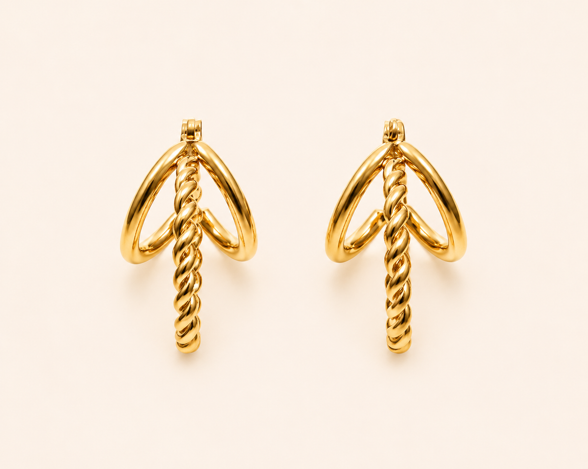 Edge Triple-Band Rope Huggie Hoop Earrings – braided rope outer and double smooth inner band huggie hoops, 18K gold plated