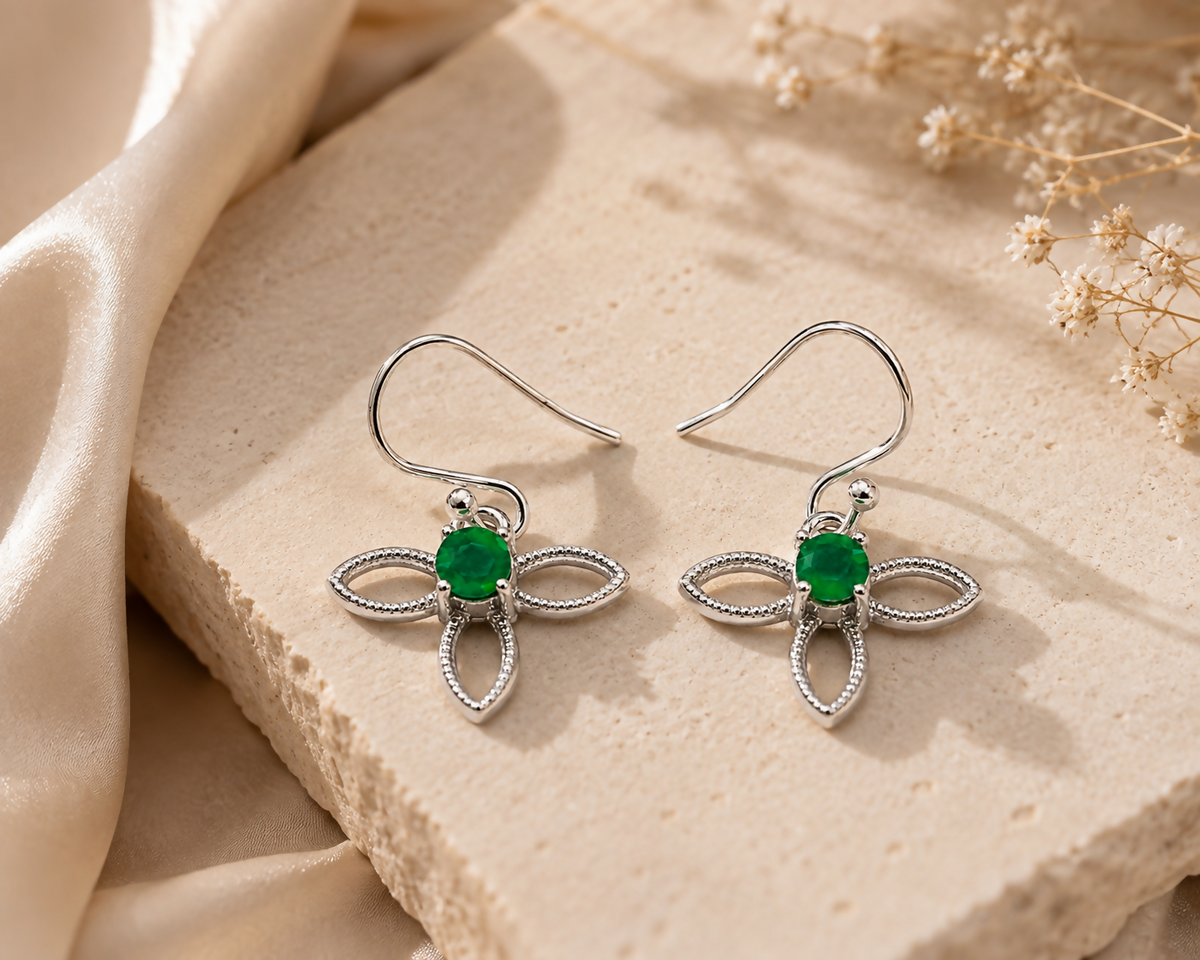 Natural Green Onyx Earrings | 925 Sterling Silver | Floral Drop Earrings