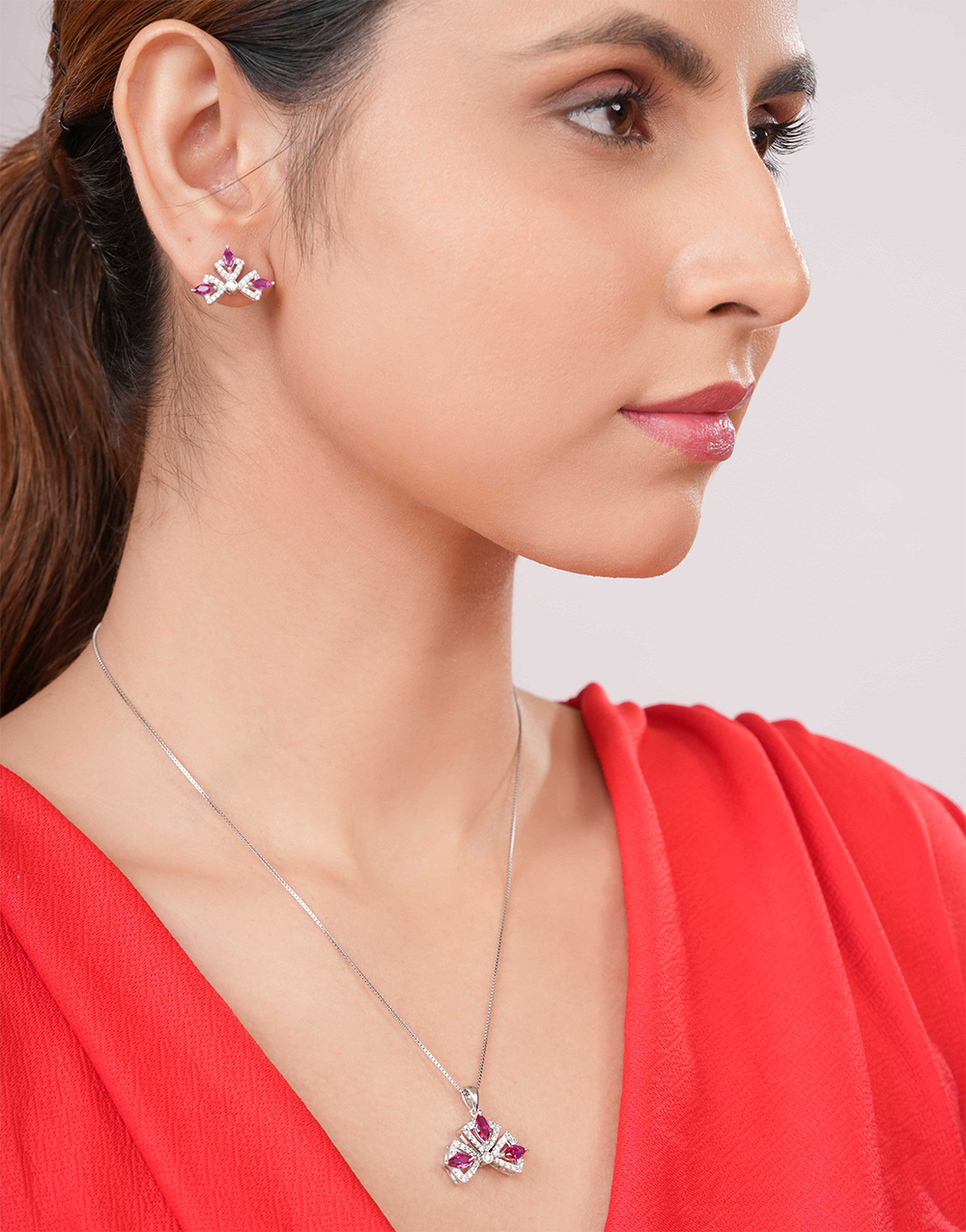 Elegant Pink CZ Stone Pendant & Earrings Jewellery Set