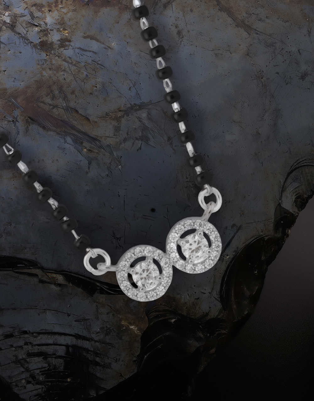 Elegant Double Circle Stone Pendant Mangalsutra with Black Beads Chain