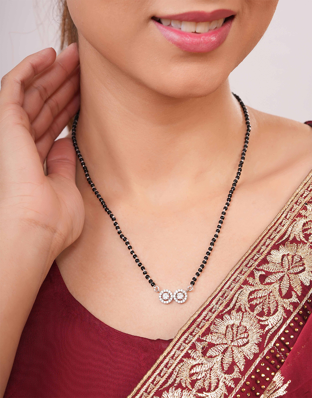 Elegant Double Circle Stone Pendant Mangalsutra with Black Beads Chain