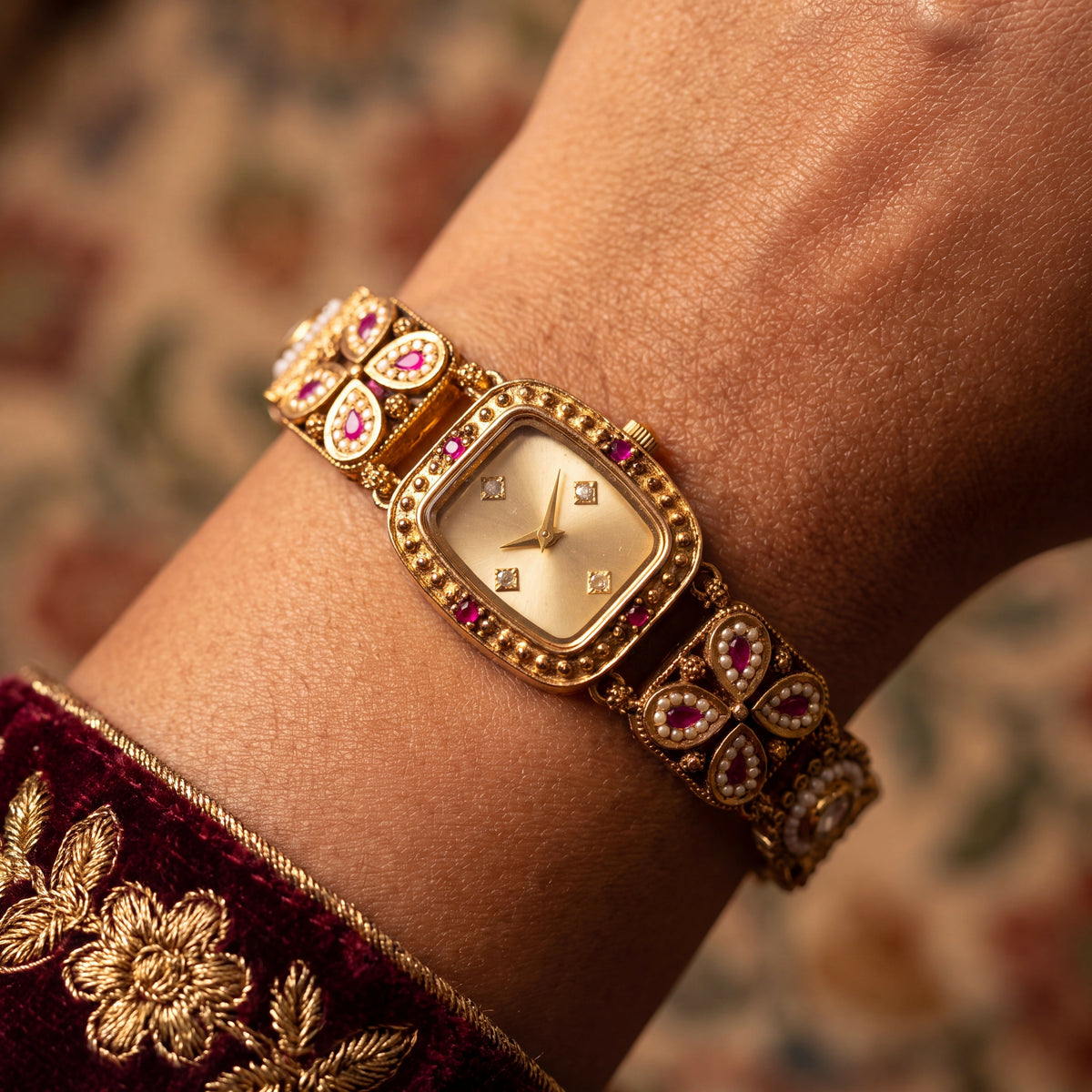 Antique Gold White Dial Cushion Ruby Floret Pearl Bracelet Watch for Women & Girls | Stylish Watch | Wrist Watches for Girls | Ideal for gifting | Gift for Diwali, Christmas, Marriage, Birthday, anniversary, wedding