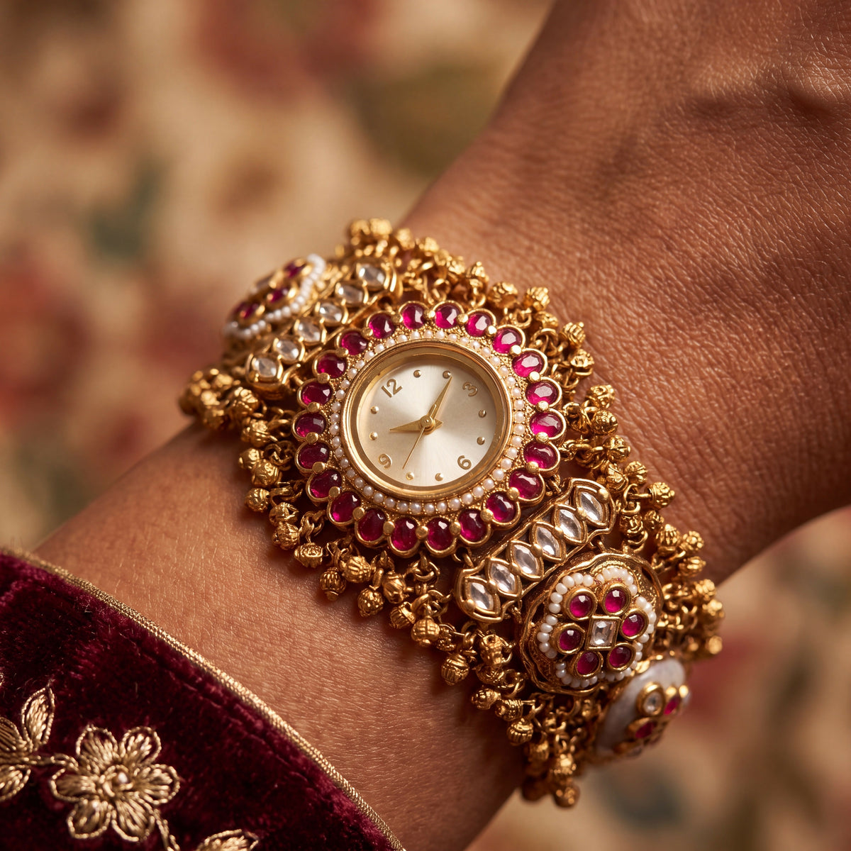Antique Gold White Dial Ruby Pearl Bezel Kundan Bar Baroque Pearl Ghungroo Bracelet Watch for Women & Girls | Stylish Watch | Wrist Watches for Girls | Ideal for gifting | Gift for Diwali, Christmas, Marriage, Birthday, anniversary, wedding