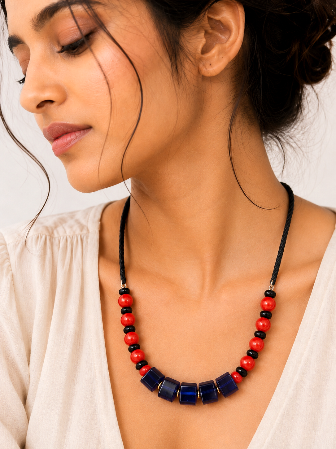 Neelambari Blue Glass Bead Red Black Tribal Necklace for Women