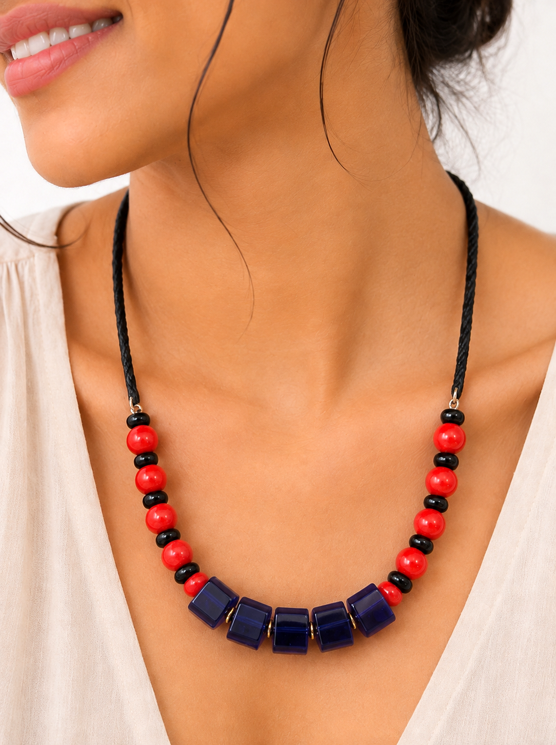 Neelambari Blue Glass Bead Red Black Tribal Necklace for Women