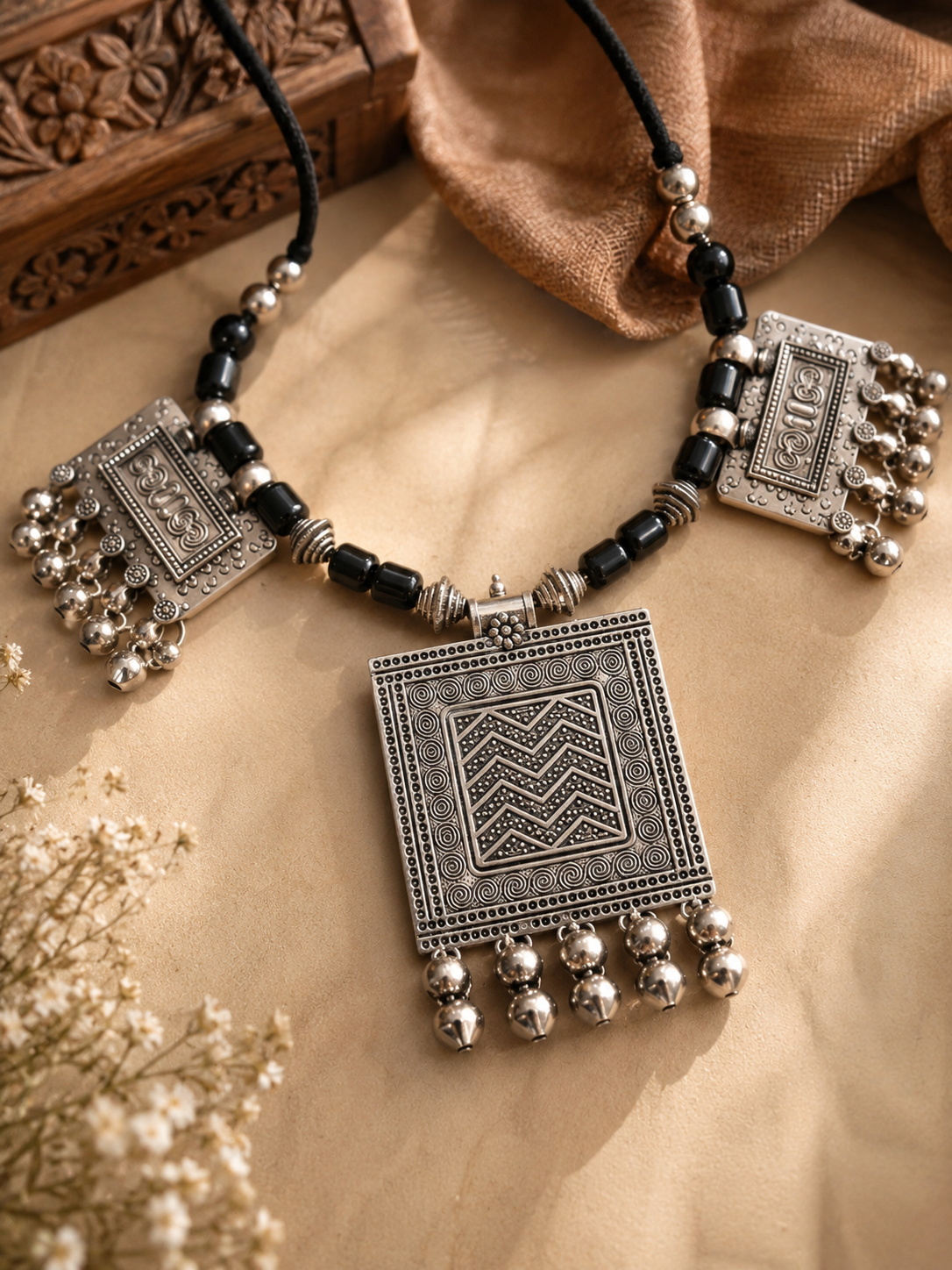 Trishakti Oxidised Silver Triple Square Plaque Ghungroo Necklace for Women
