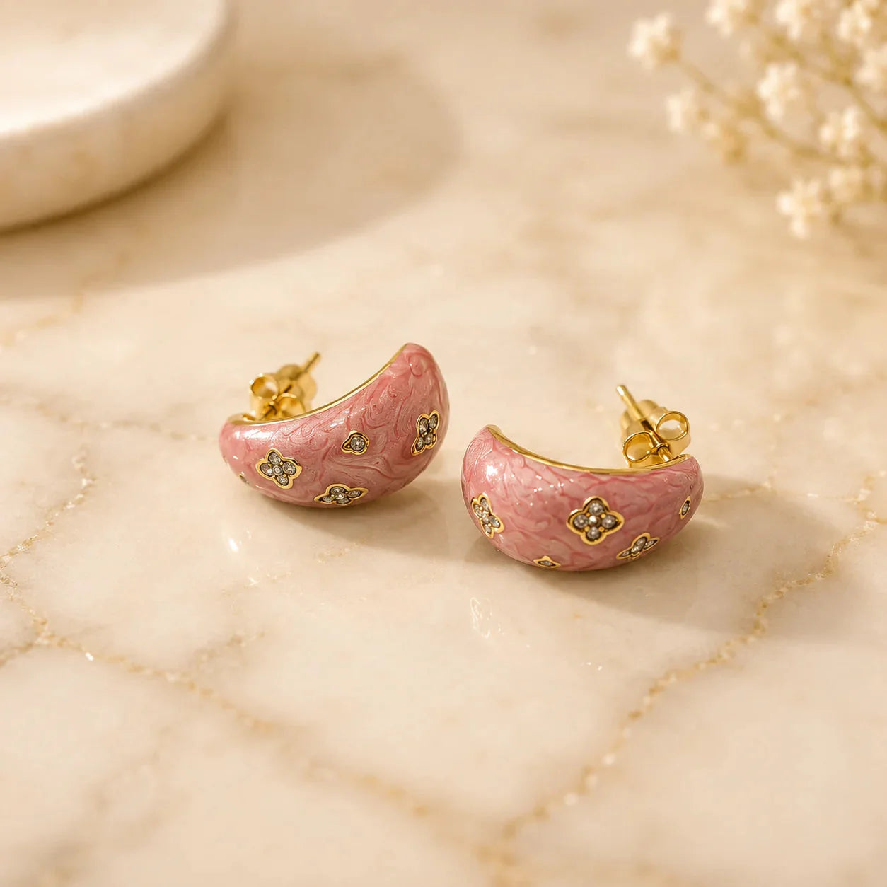 pink-floral-enamel-half-hoop-earrings-for-women-gold-plated-designer-stud-earrings-anti-tarnish-luxury-earrings