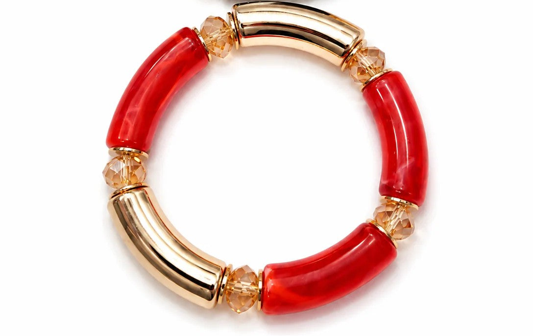 red-resin-gold-beaded-stretch-bracelet-for-women-elastic-statement-bracelet-fashion-stackable-bracelet