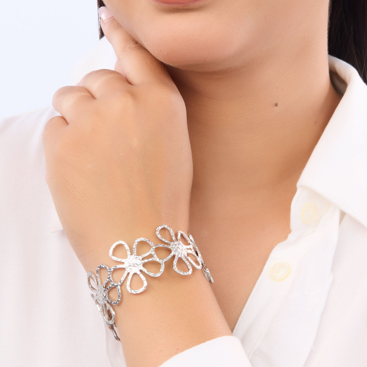 Floral Open Cuff Bracelet – floral embossed open cuff bracelet in 18K gold plated finish for women