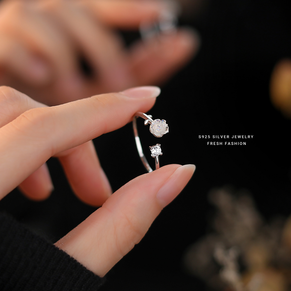 Brd Jewelry 925 Sterling Silver Opal Rose & Diamond Adjustable Ring For Women & Girls