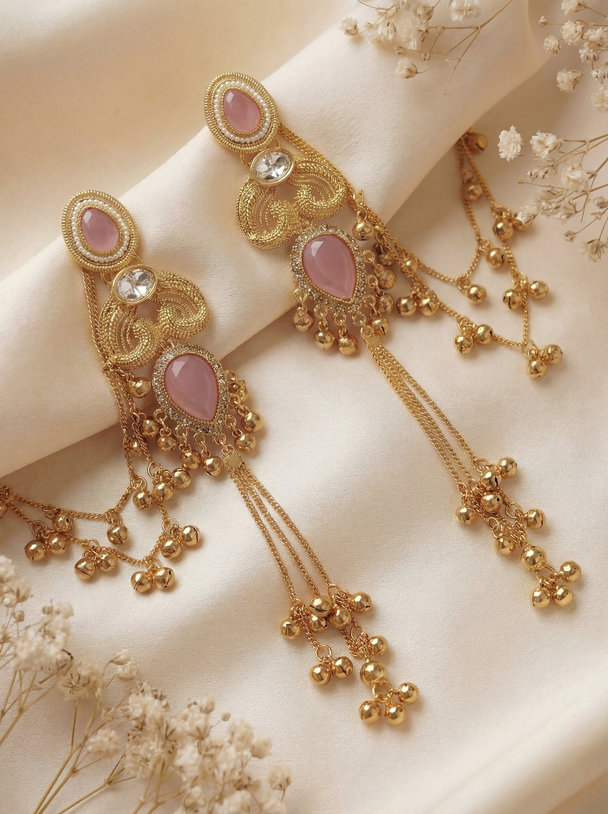 Pink Stone Golden Tone Trendy Long Kashmiri Earrings With Sahara Chain for Girls and Women